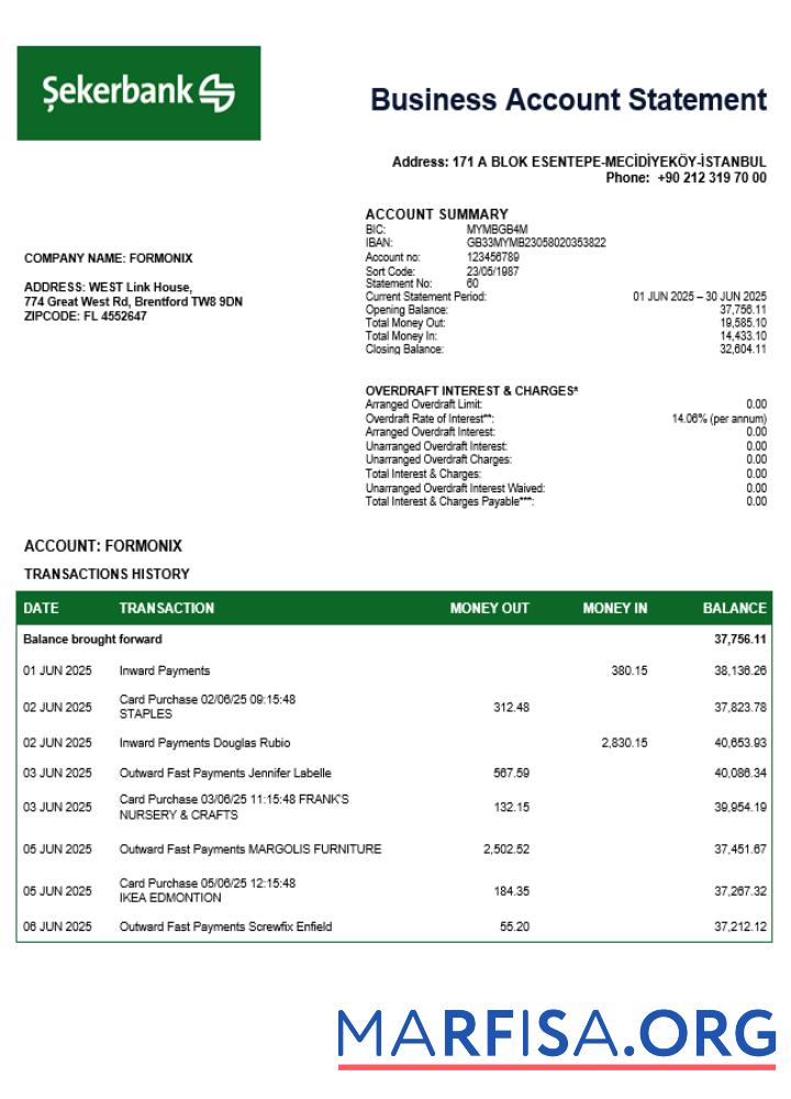 Blank Turkish Sekerbank firm checking account statement Word and PDF template